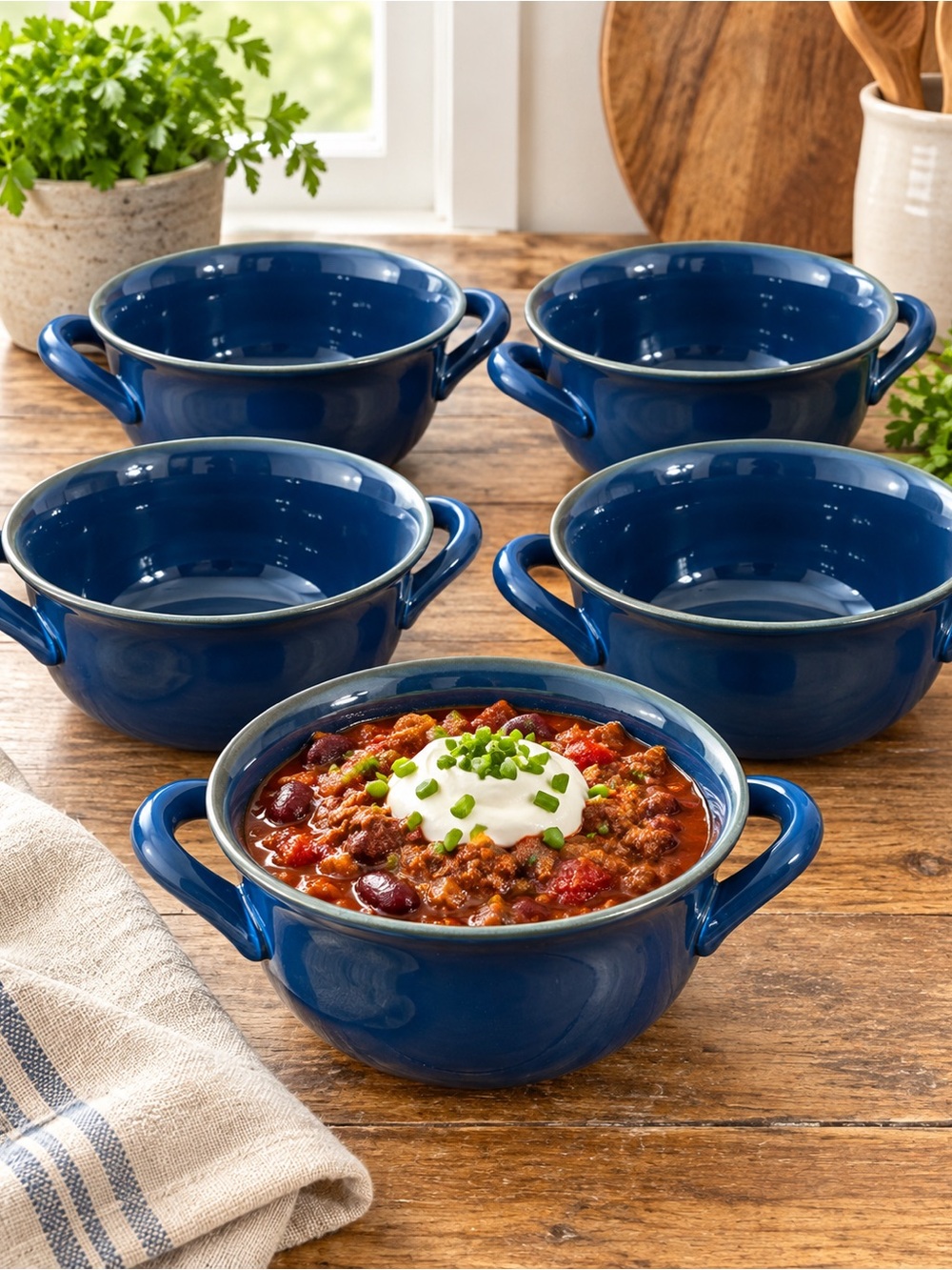 Williams Sonoma Farmhouse Navy Double Handle Soup Bowls Set of 5 Portugal